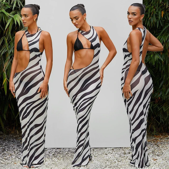 Sexy Zebra Stripes 3 Pieces Bikini Set 2023 Summer Beach Wear Hollow Out Bikinis Swimsuit With Beach Skirt Swimwear Cover-up 2