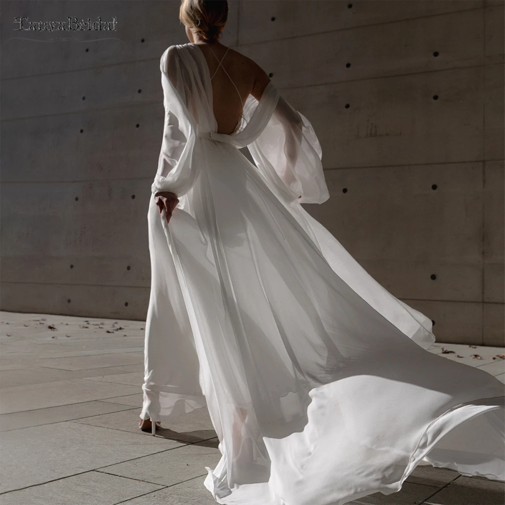 فساتين زفاف شيفون بأكمام كاملة على شكل حرف a ، فساتين زفاف بوهو للشاطئ بدون ظهر ، فيستدو دي نويفاس DW1111