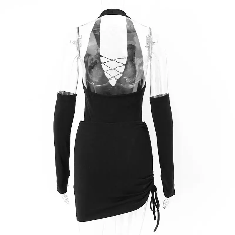 Y2K Gothic Party Clubwear Slim Fit Night Out Outfit Women's Black Halter Lace-Up Cutout Bodysuit Long Sleeve Ruched Mini Skirt