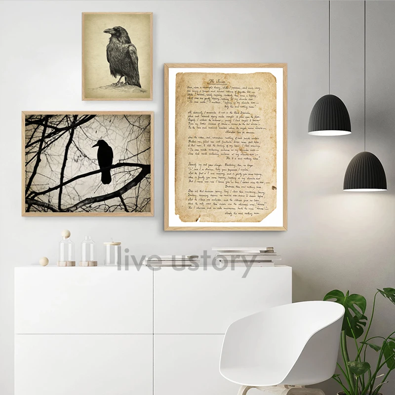 Vintage Raven Art Print The Raven Edgar Allan Poe Poem Poster Gothic Wall Decoration Canvas Painting Bird Sketch Pictures Decor