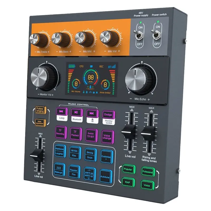 

AT82-C200 Sound Card With Bluetooth Interface Audio Mixer Professional Sound Board Featuring RGB DJ Mixer Effects For Live Vlog
