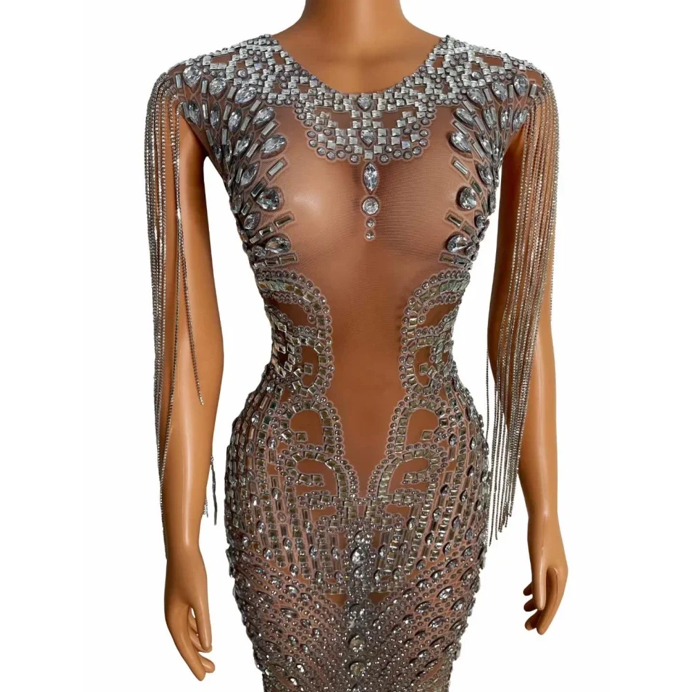 Vestido Sexy brillante con perspectiva para mujer, borla de diamantes de imitación de cristal brillante, fiesta de noche, Club, escenario, trajes de graduación, Drag Queens 2026