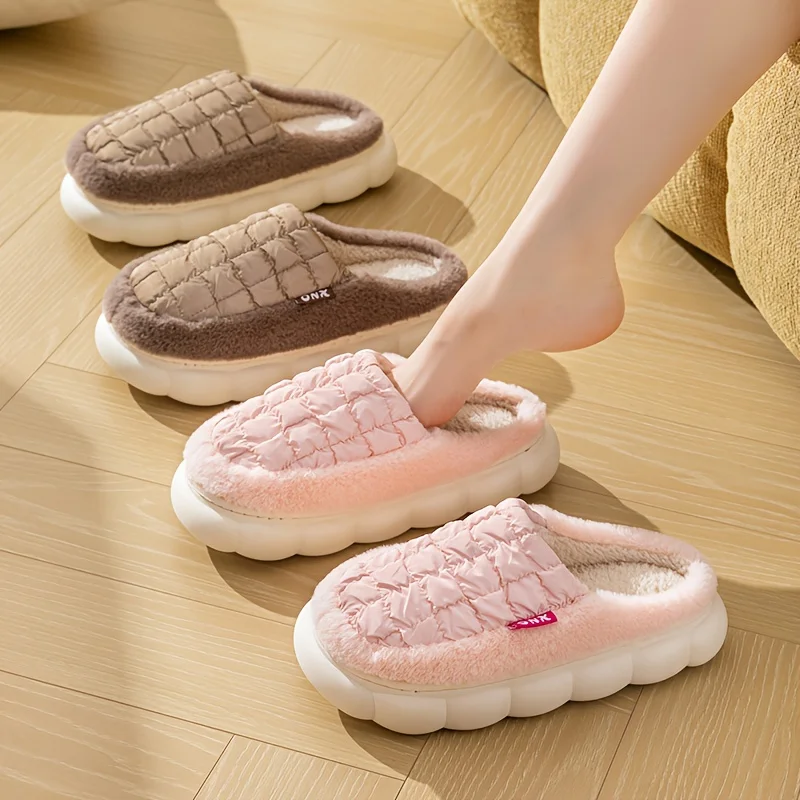 Women men Warm Check Pattern Plush Slippers Winter Thick Lined Soft Indoor Outdoor Shoes Home Comfort Cozy Fleece Non Slip Style