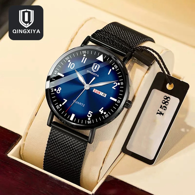 QINGXIYA-Montre à Quartz Ultra-Mince pour Homme, Acier Inoxydable, Ceinture en Maille, Étanche, Shoous, Semaine, Date, McodiWristwatch, Marque de