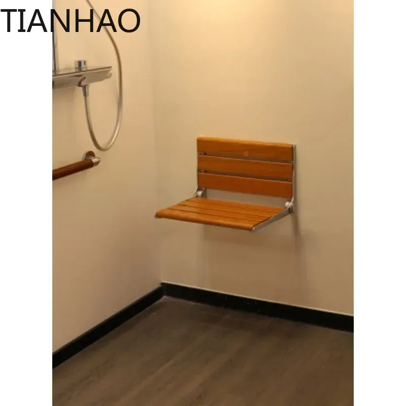 Aluminum Alloy Solid Wood Wall Hanging Foldable Shower Bench Bathroom Entrance Corridor Elderly Bathing and Shoe Changing Stool