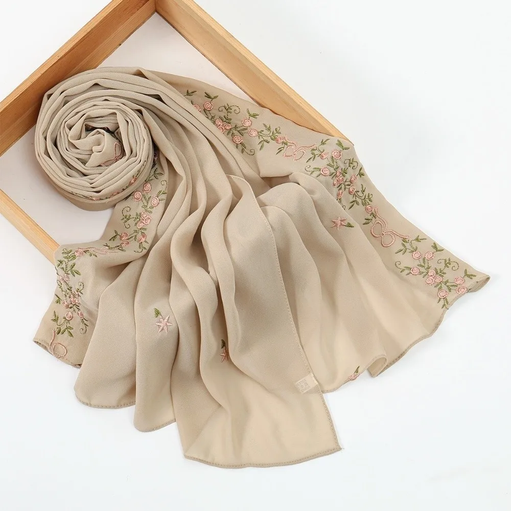 Elegant Sunscreen Floral Headscarf Cotton Long Hijab Scarf Large Solid Color Thin Shawl Gift
