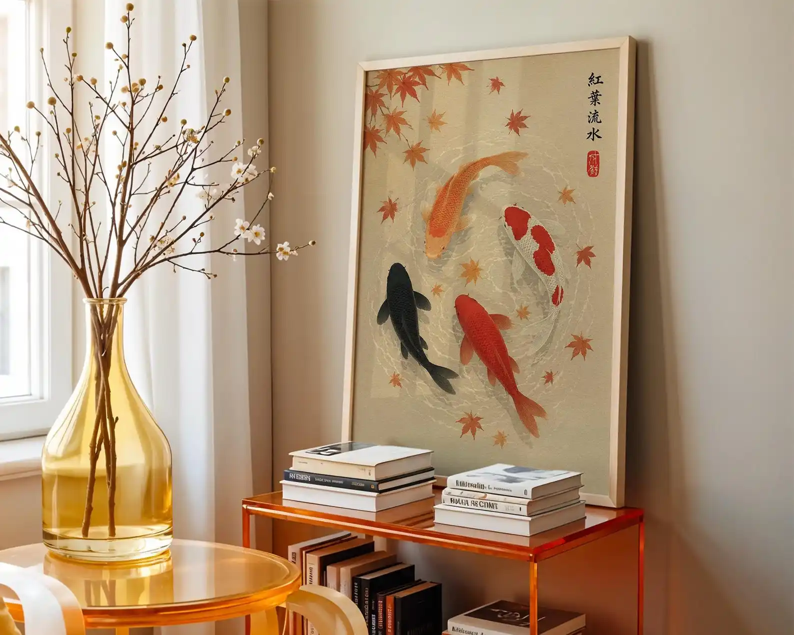 Japanese Autumn Leave Koi Fish Poster Unframed Minimalist Asian Zen Japandi Canvas Wall Art Prints for Living Room Bedroom Decor