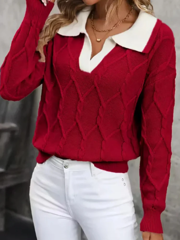 

Простые свитера в стиле пэчворк с длинными рукавами, женские осенне-зимние шикарные пуловеры с отложным воротником, новые повседневные свободные модные женские топы