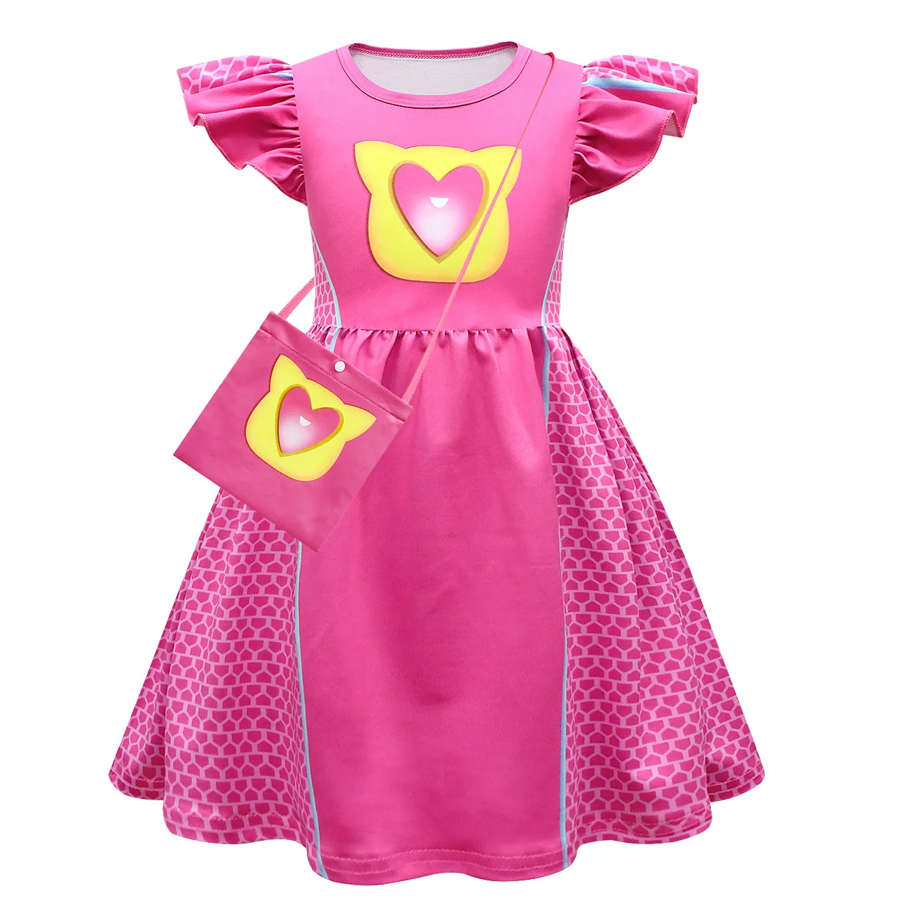 Kids Cosplay Costume Super-Kitties Girls Princess Dress+Mask Set Children Summer Short Sleeve Cartoon Cat Performance Dress Gift