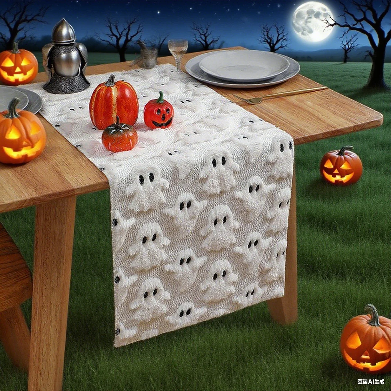Eerie Eye Ghost 3D Table Runner Halloween Party Supplies Table Decorations Gothic Two-Tone Quilted Tablecloth