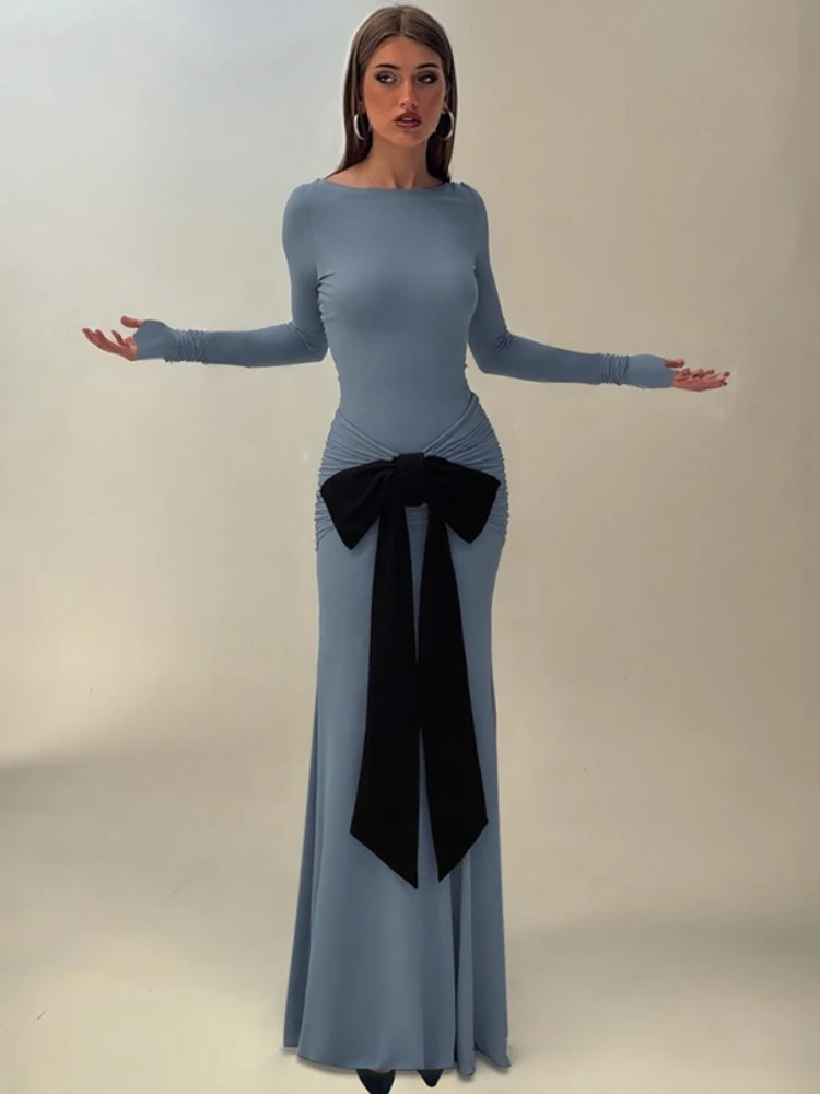 FDYOUI Elegant Long Sleeve Folds Evening Dresses for Women Chic Tunics Ruched Bowknot Long Maxi Party Prom Dress Vacation Outfit