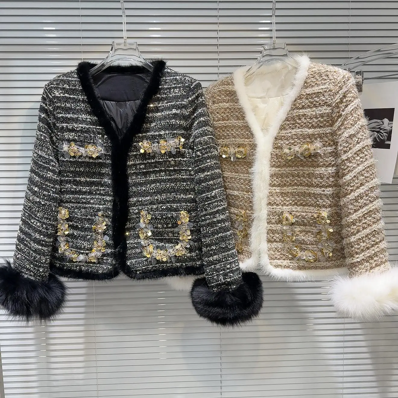 

Winter 2025 New Sle ort Quilted Fur Sve Embroidered Cotton Thiened Tweed Outerwear Faionable Straight Cut