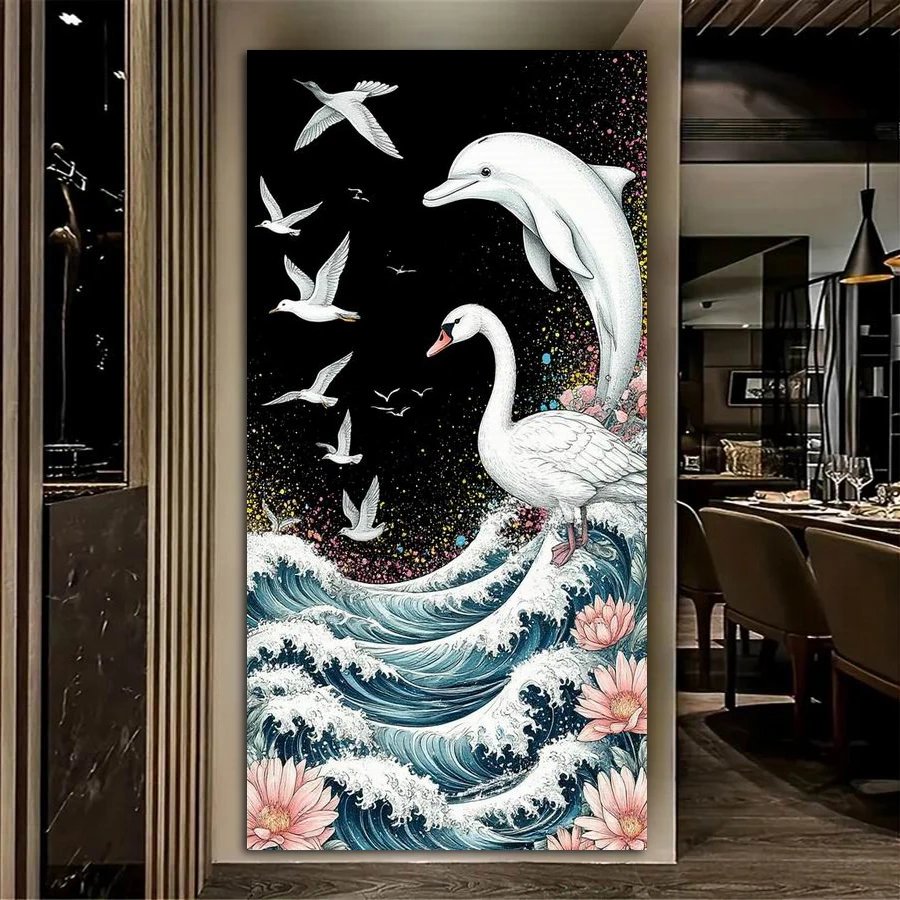 Waves Dolphins Birds Large Size Diy Diamond Arts For Adults Painting New Collection Sea Animals Full Mosaic Embroidery Picture