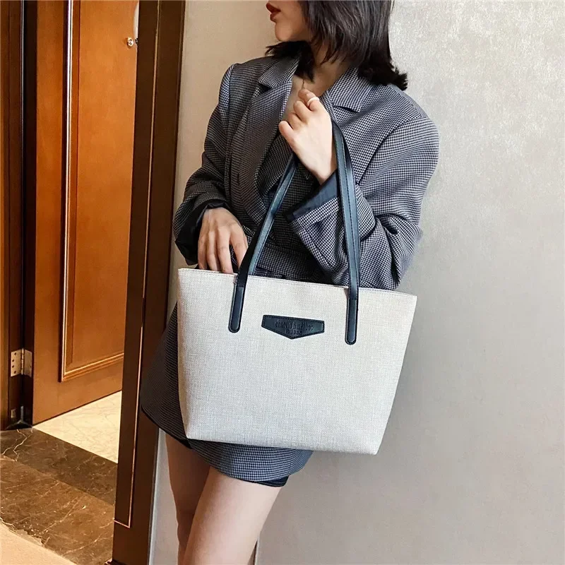 Shoulder Bag for Women 2024 Autumn and Winter Cotton Hemp Large Capacity Tote Bag Solid Versatile Shopping Commuter Handbag