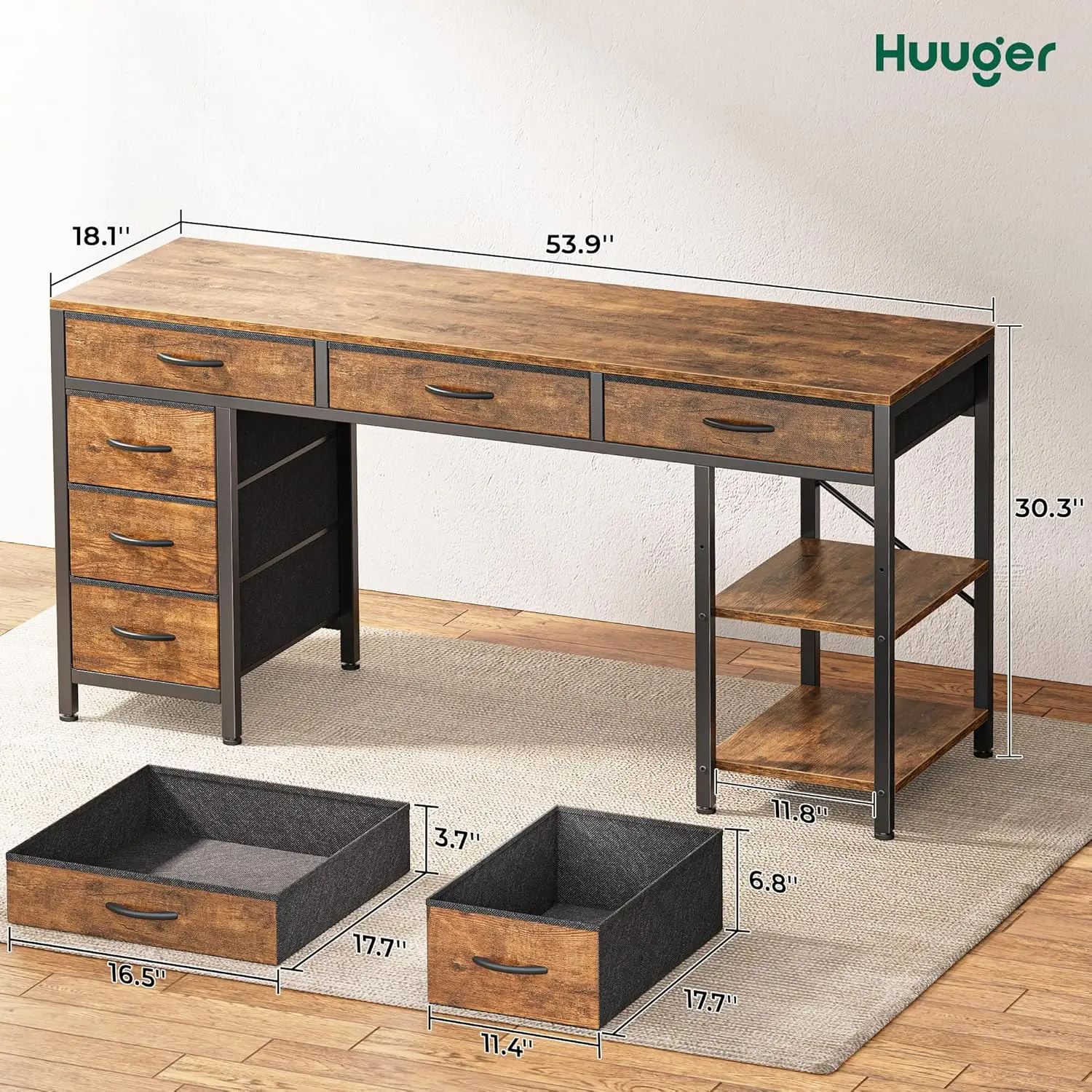 54-Inch Reversible Computer Desk with 6 Drawers and Shelves, Rustic Brown for Home Office, Gaming, or Study