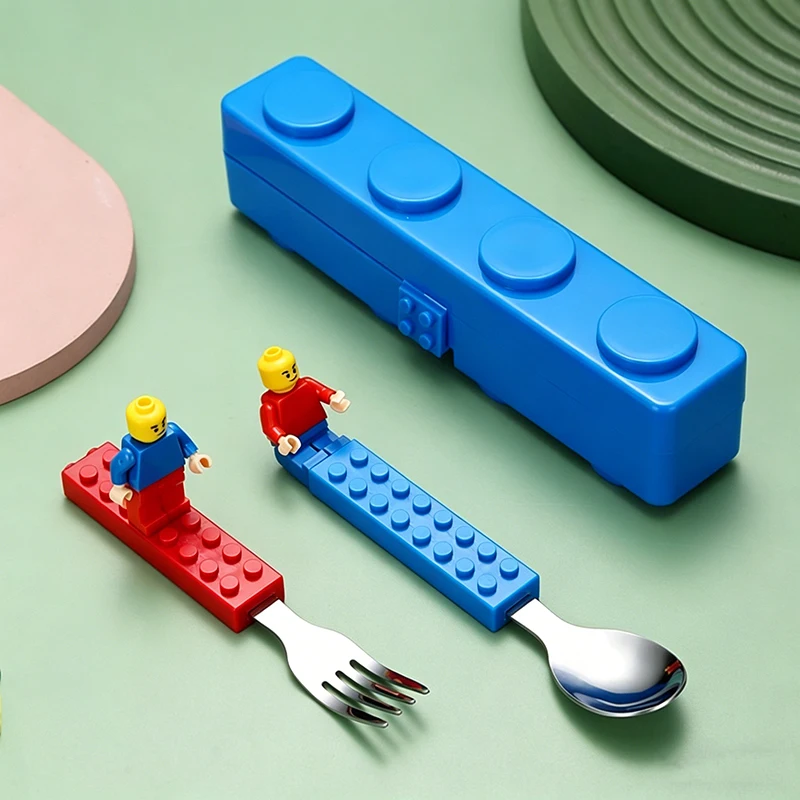 Portable Cutlery Children Set Fun Building Block Kids' Fork & Spoon Set Stainless Steel Lunch Box Cutlery Set DCS005