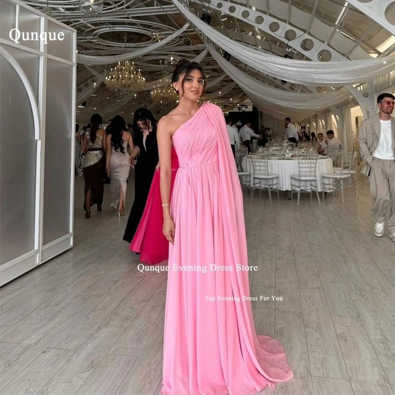 

Qunque Pink One Shoulder Prom Dress With Shawl Sleeves Arabia Women Formal Evening Party Gowns Customized Pleat Robes De Soirée