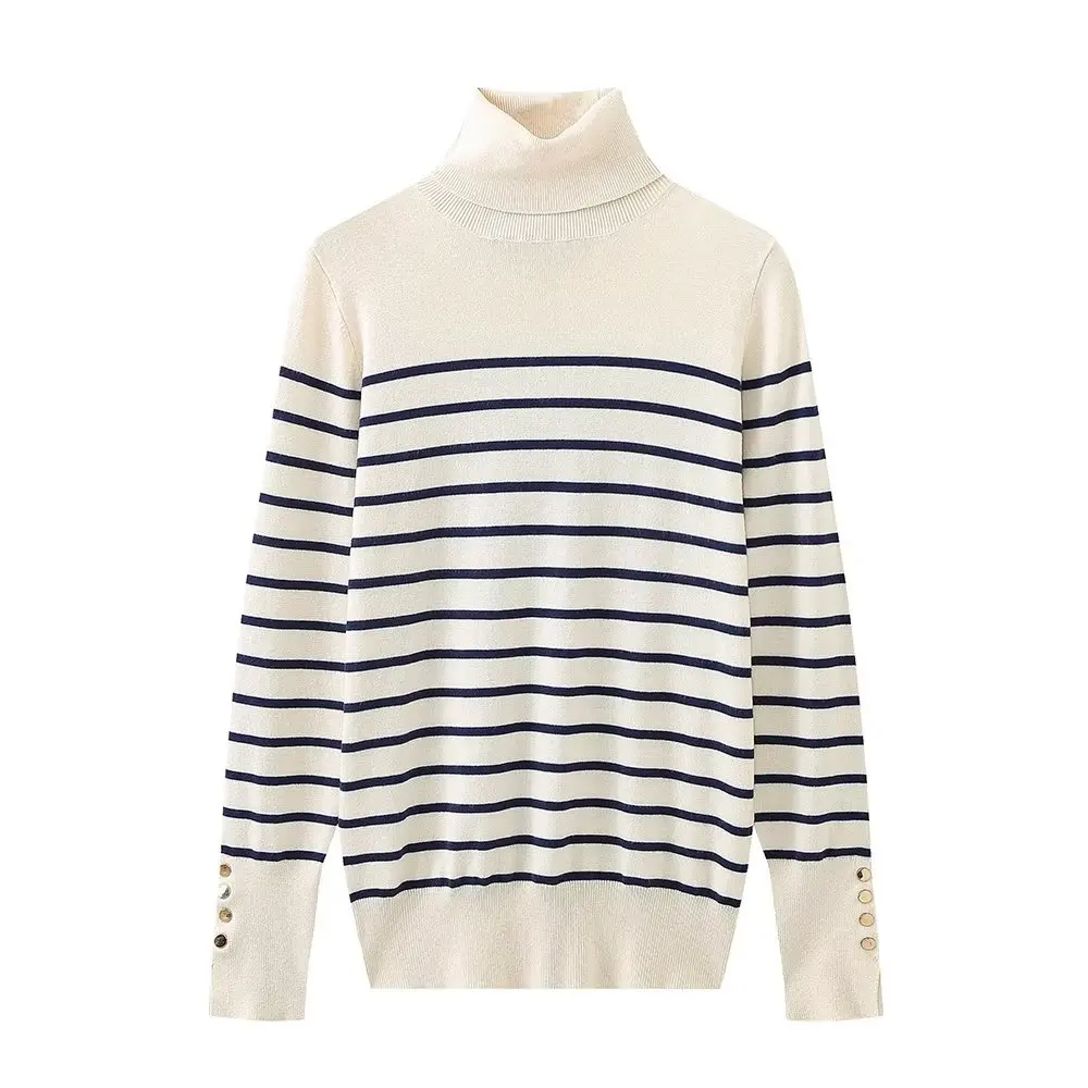 Dave&Di British Fashion Ladies Basic Sweater Cuffs Gold Turtleneck Buttons Solid Simple Knitwear Women