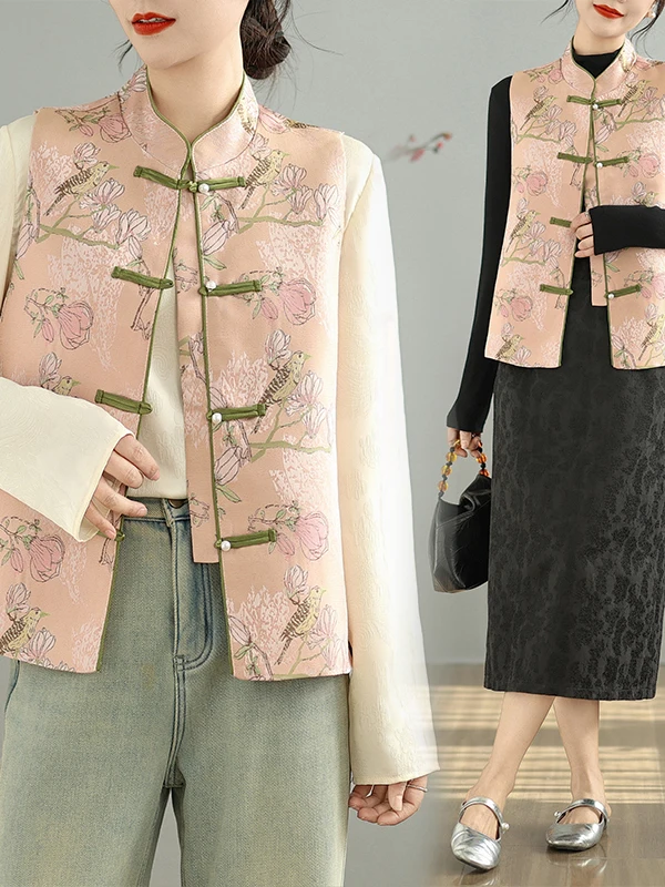 

Ele Chinese Sle Embroidered Button Bal Vest Spring Season Casual Loose Fit Women's Top Large Size Inner Wear