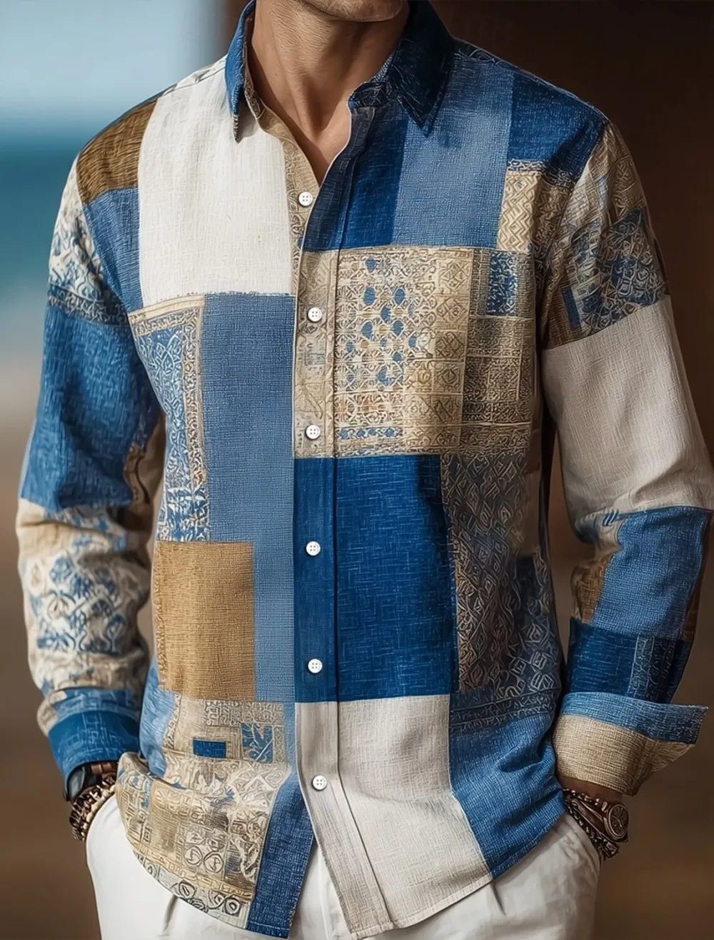 Men's Patchwork Color Block, Geometric Pattern Shirt, Long-Sleeved Retro Casual Daily Spring and Autumn Shirt, Linen Shirt
