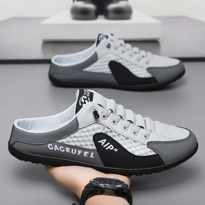 Man Shoes Summer BaoTou Half Slippers Mesh Breathable Casual Shoes Comfort Driving Flats Soft Sole Support Half Slippers for Men