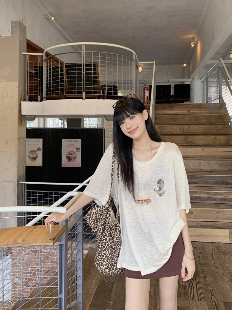 

Oversized Casual Style O-Neck Short Sleeve T-Shirt Women's Loose Fit Summer Slimming Printed Thin Top Kumikumi Lazy Style