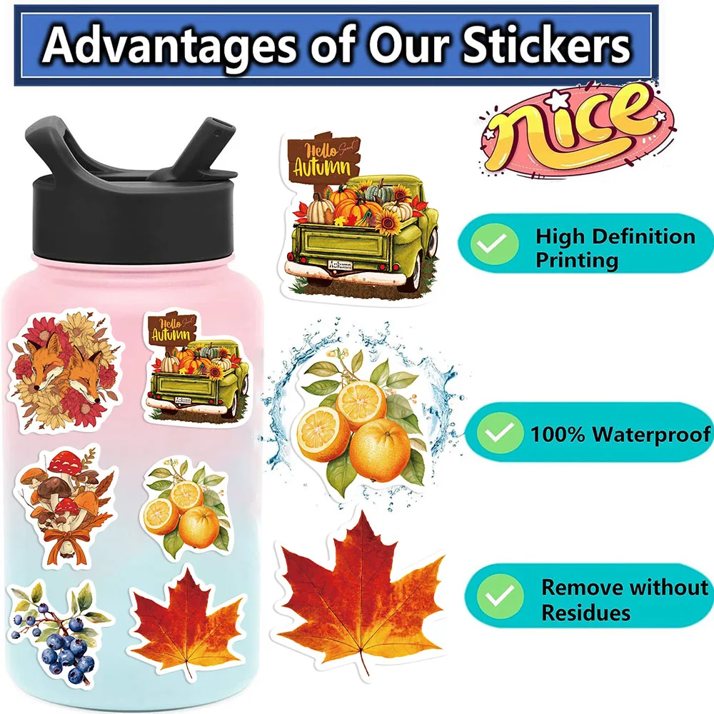 200Pcs Cute Watercolor Autumn Season Element Decoration Clipping Color PVC Stickers Aesthetic Stationery Kid Toy Learning Suppli