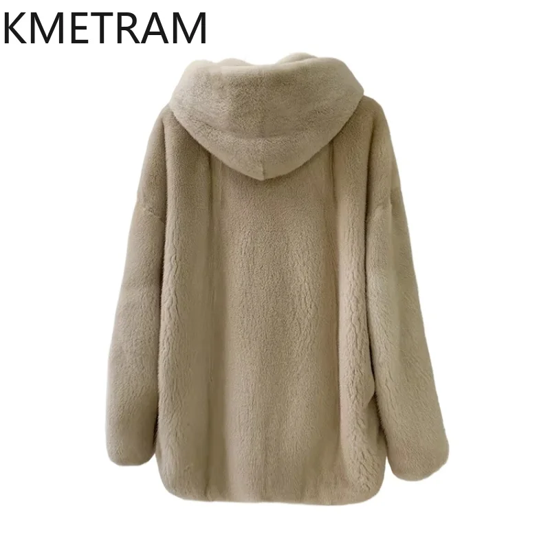 Winter Womens Real Mink Fur Coat with Hood Beige Fur Jackets for Women New in Outerwears Luxury Clothes 2024 Fourrures Femmes