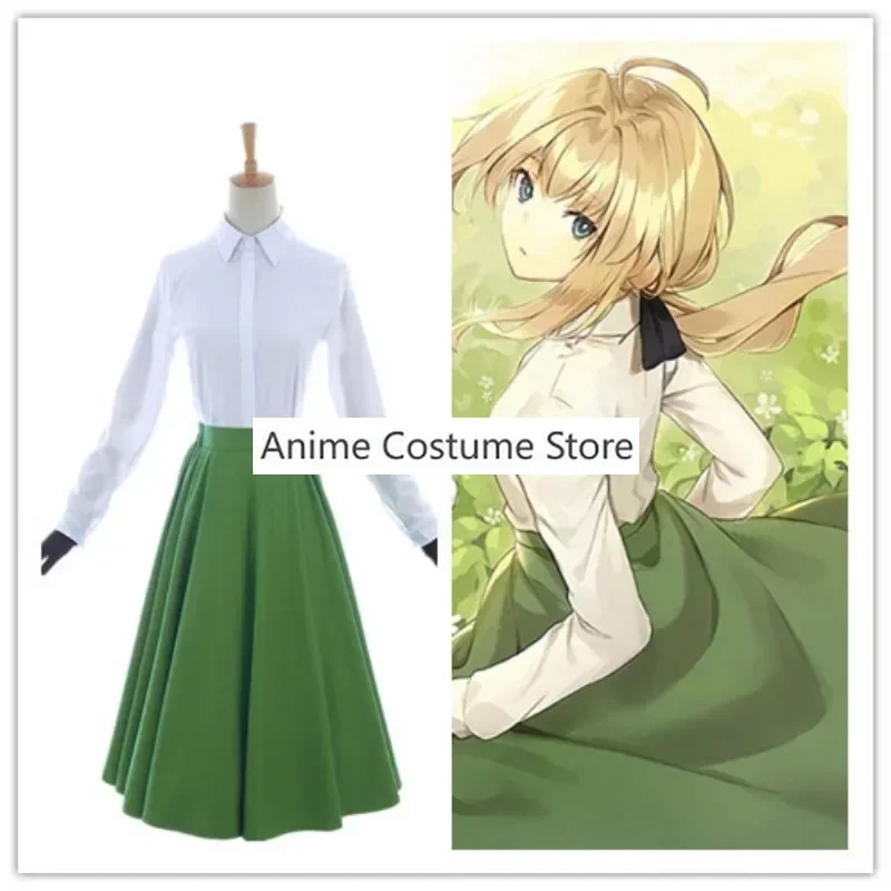 Hot Anime Violet Evergarden Cosplay Leisure Campus Student Green Long Dress Cosplay Suit Cos Halloween Party Con Uniform