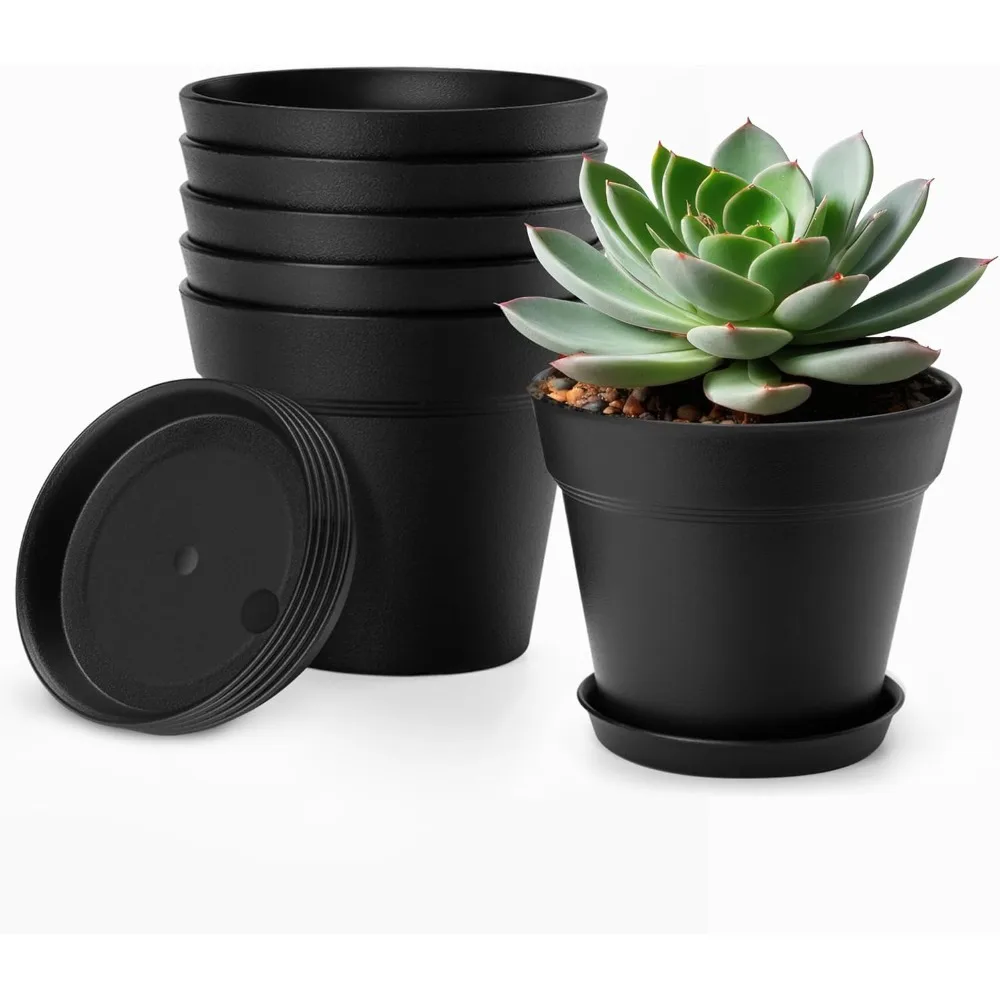 

4 Inch Plastic Plant Pots 6 Pack, Small Flower Pots with Drainage Holes and Tray, Thickened Indoor Planters Seedlings Nursery Po
