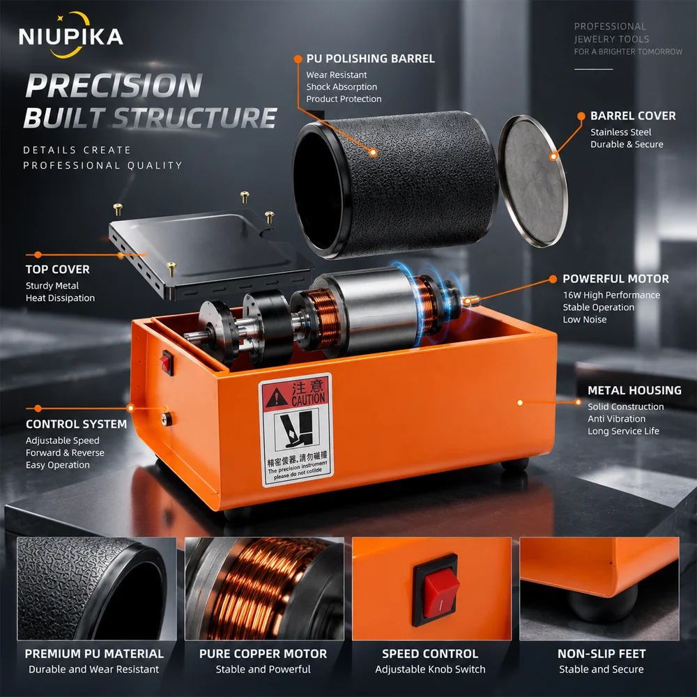 NIUPIKA DT10 Rotary Barrel Tumbler Jewelry Polishing Machine Mini Barrel Polisher Deburring Tool Metal Finishing Machine 360RPM