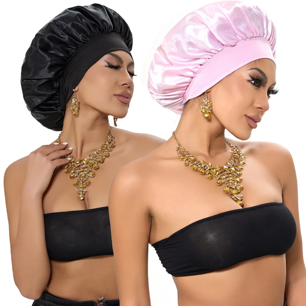 

1pc Women's Solid Color Satin Wide-Brimmed Shower Cap, Suitable for Daily Use Silk Bonnet Satin Bonnet