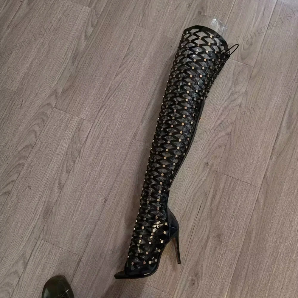 Women Studded Thigh High Gladiator Sandals Peep Toe Hollow Crisscross Straps Stiletto Heel Boots Sexy Nightclub Pole Dance Heels