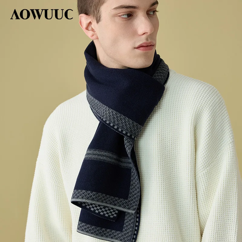 New Wool Scarf Men's Autumn and Winter Thickened Warm Versatile Striped Plaid Wraps Boyfriend Fashion Classic Knit Muffler Male