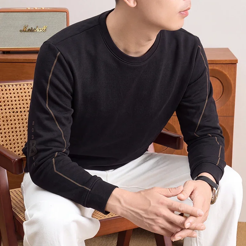 Mens Daily Crew Neck Sweatshirt Long‑Sleeve Sleeve‑Side Letter Print Contrast Stitching Relaxed Fit Casual Shirts view 2