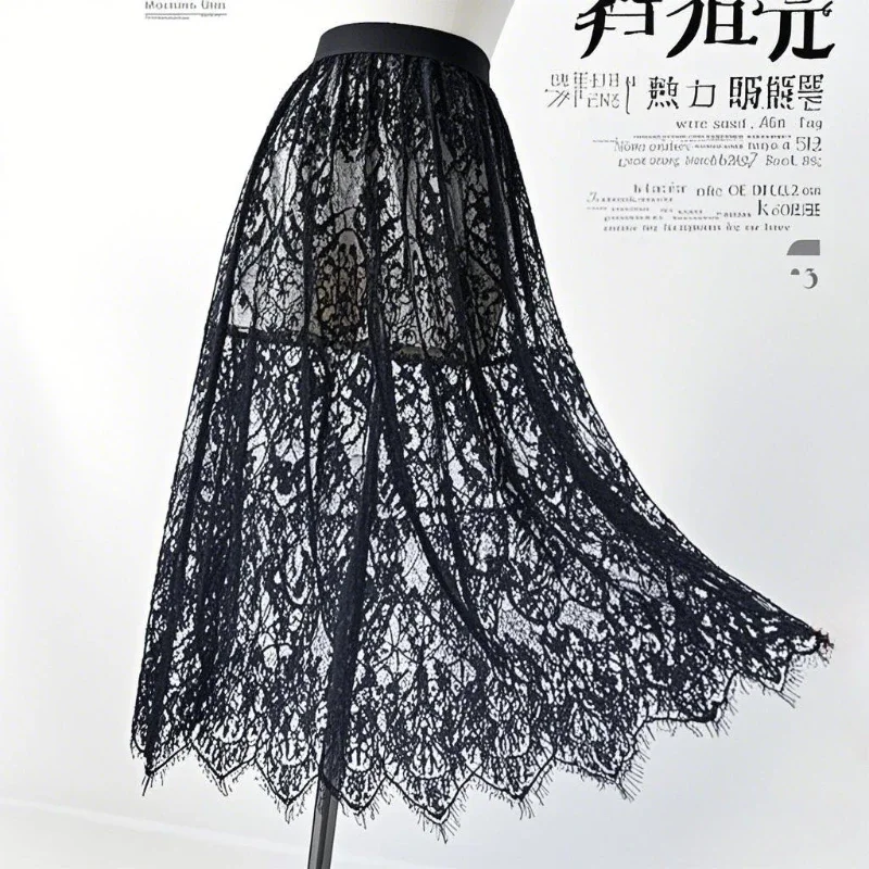 2026 New Ladies Black White Lace Skirt Long Tulle Midi Skirt Elastic Waist Elegant Beachwear Transparent Layer Design Y2k Skirt