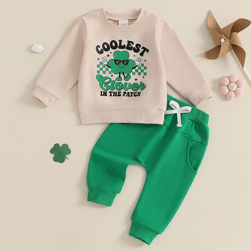 St Patrick s Day Infant Irish Costume Shamrock Printed Top and Solid Bottom 2 Piece Spring Outfit for Baby Boy