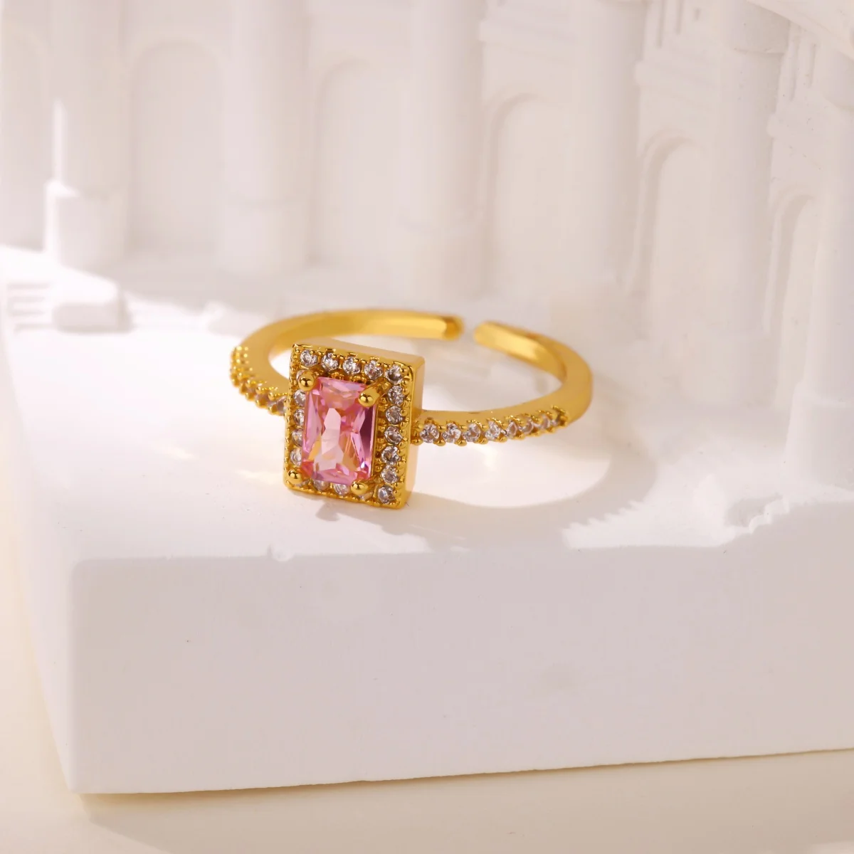 Romantic Pink Cubic Zirconic Open Rings For Women Men Gold Color Stainless Steel Ring Luxury Brand Jewelry Wedding Gift