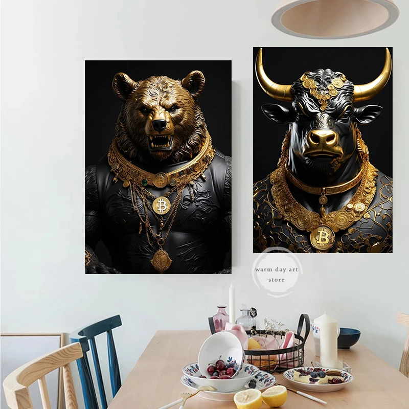 Bitcoin Bull and Bear Gold Canvas Painting Bull Market Motivation Poster Print Picture Home Decoration for Living Room Deco