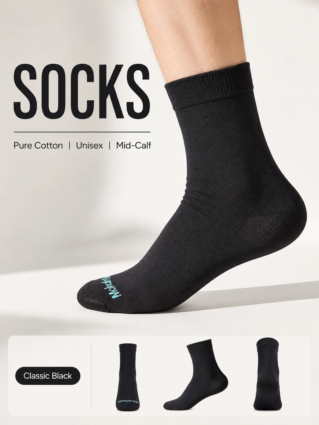 

1/3/6 Pairs Unisex Pure Cotton Black Mid Calf Socks Breathable Cushioned Solid Crew Casual Office Business Long Socks Daily Wear
