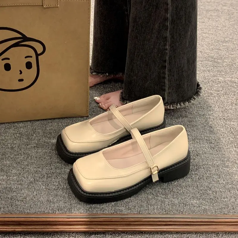 

2025 Summer Trendy Shallow Mary Jane Loafers Women's Square Toe Chunky Heel Leather Shoes Casual Fashion Footwear