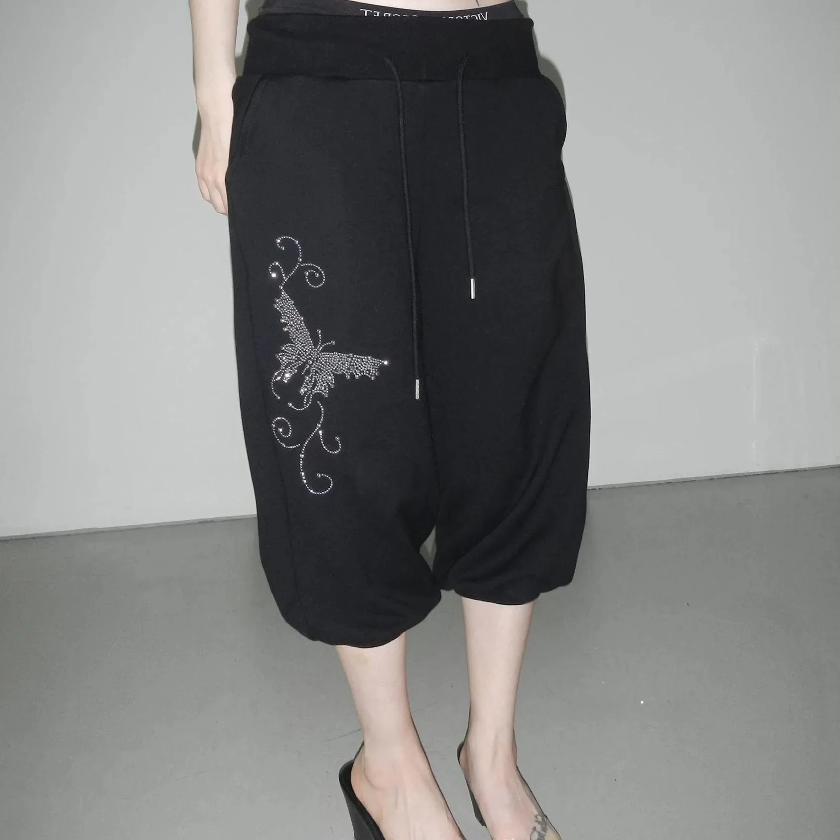 Korean Style  Rhinestone Slimming Drawstring Casual Cuffed Sweatpants Seven-Foot Women's Loose Comfortable Pants
