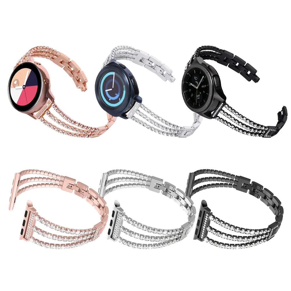 

For Samsung watch7/6/5/4 smartwatch metal studded diamond three row strap rose gold silver fashion accessory, personalized strap
