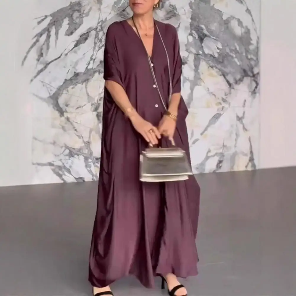 Women Solid Color Dress Elegant V-neck Maxi Dress with Batwing Sleeves Buttoned Placket Solid Color Satin Shirt Dress for Women