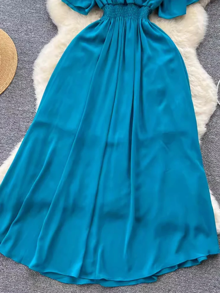 الربيع الصيف المرأة مثير الخامس الرقبة فستان طويل عطلة الشاطئ أنيقة أحمر/أسود/أخضر قصيرة الأكمام ألف خط عارية الذراعين ماكسي Vestidos جديد