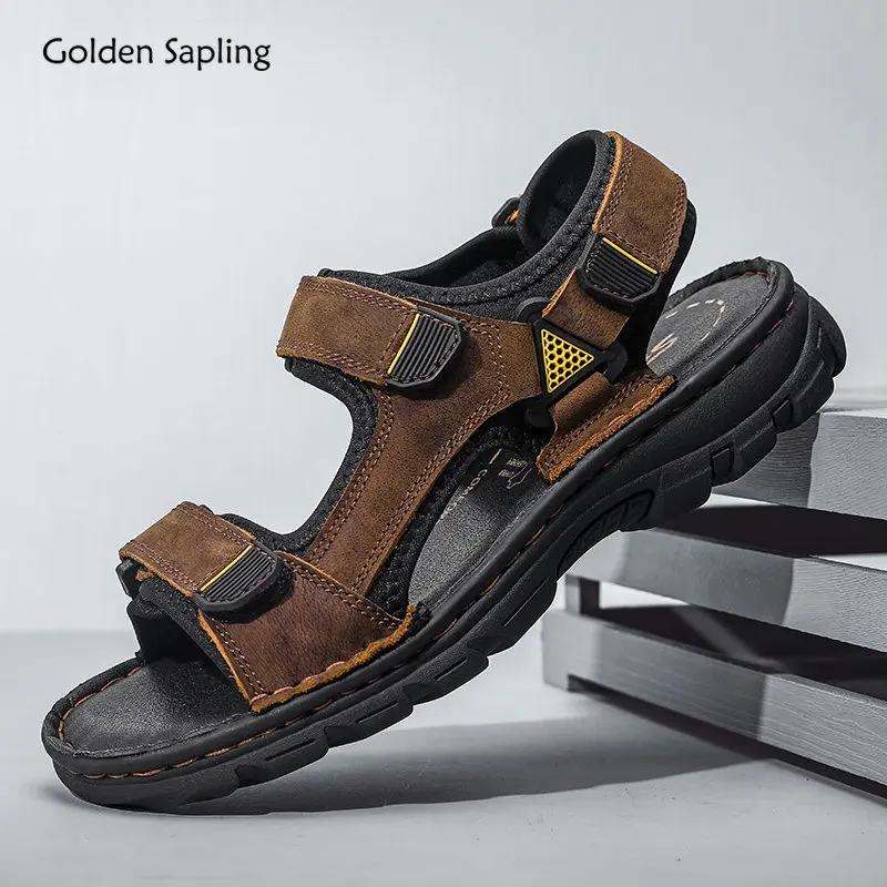 Golden Sapling Casual Beach Shoes Genuine Leather Men's Sandals Breathable Outdoor Flats Platfrom Shoe Leisure Sandalia Hombre