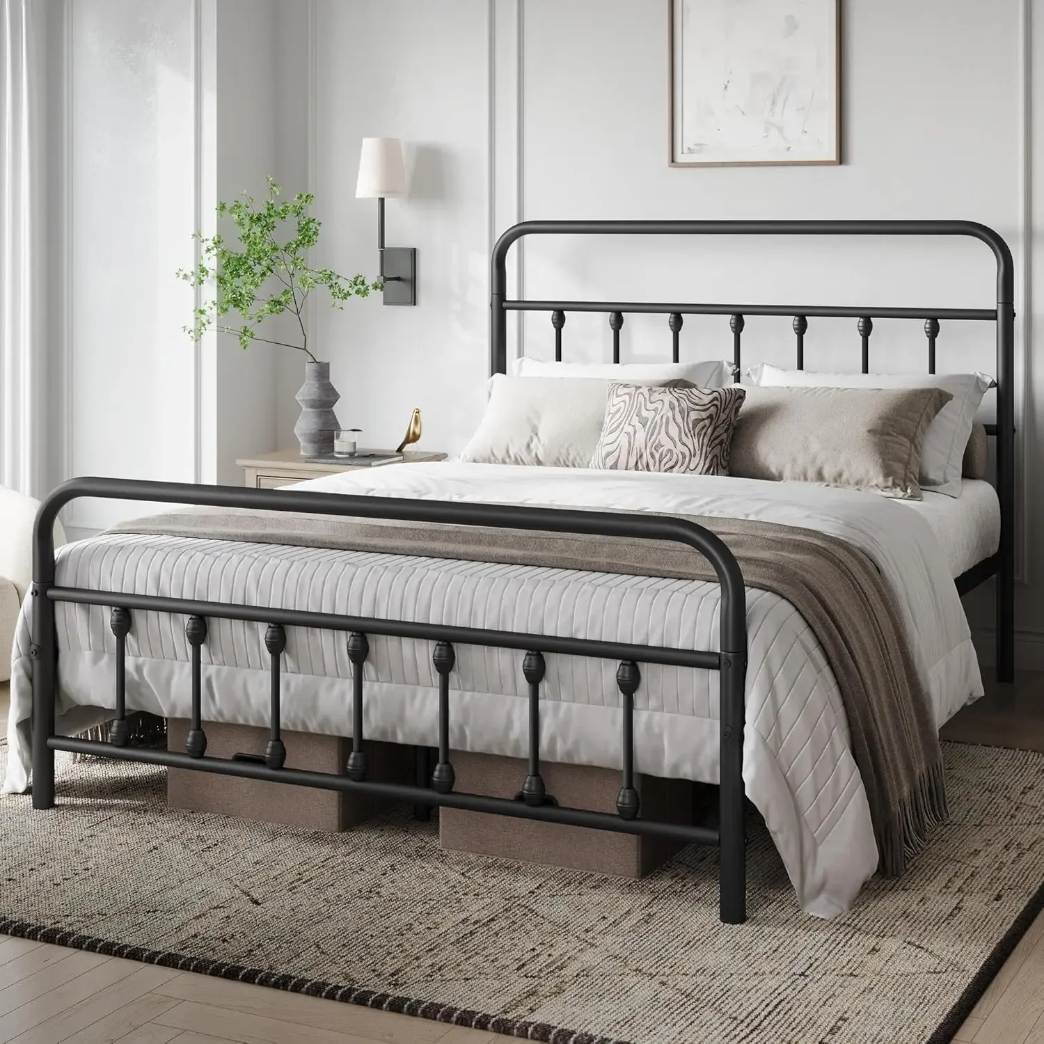 Classic Metal Platform Bed Frame Mattress Foundation with Victorian Style Iron-Art Headboard/Footboard/Under Bed Storage/No Box