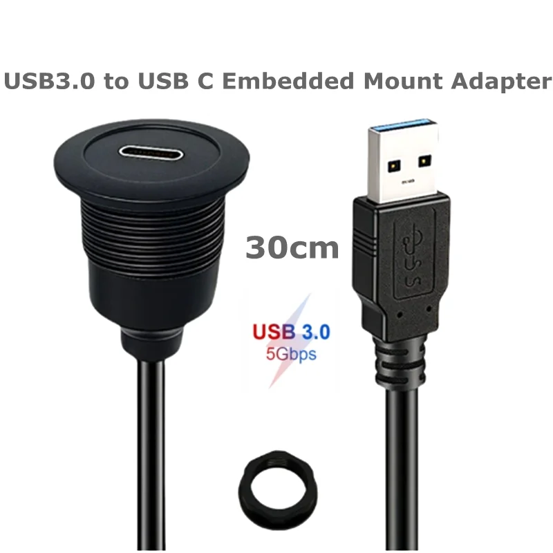 USB3.0 to USB C Female Embedded Mount Adapter Short Cable 5Gbps  5V/3A Charging, for Car Dashboard Desktop, 30cm/11.8in