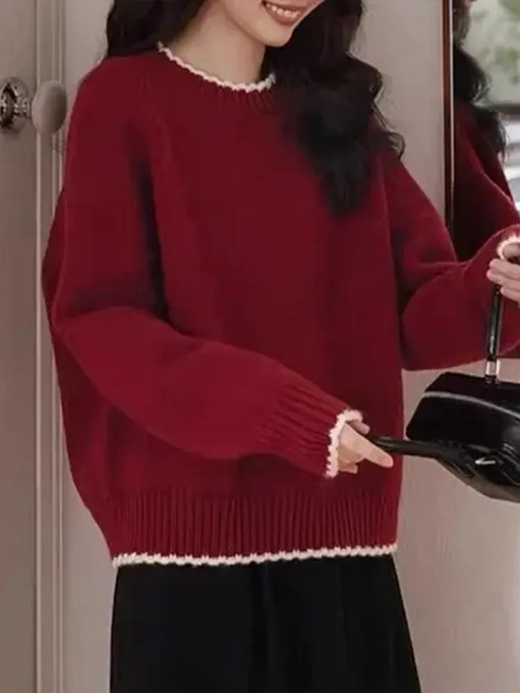 

Новый весенний свободный вязаный свитер для женщин с круглым вырезом, повседневный, комфортный, средней плотности, красного цвета