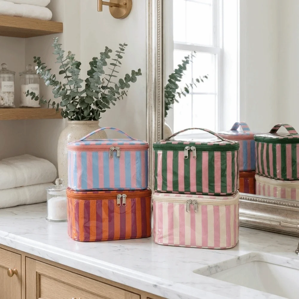 Striped Design Toiletry Storage Bag Waterproof PVC Cosmetic Travel Bag Lightweight Durable Makeup Brush Case Casual Carry